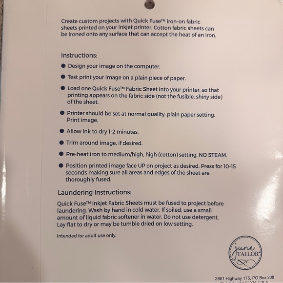 June Tailor Quick Fuse Iron-On Fabric Sheets For Inkjet Printers~10 sheets~White - Picture 3 of 3